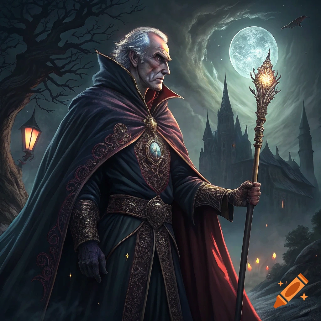 A powerful wizard in a dark cloak holds a glowing staff under a full moon in front of a gothic castle.