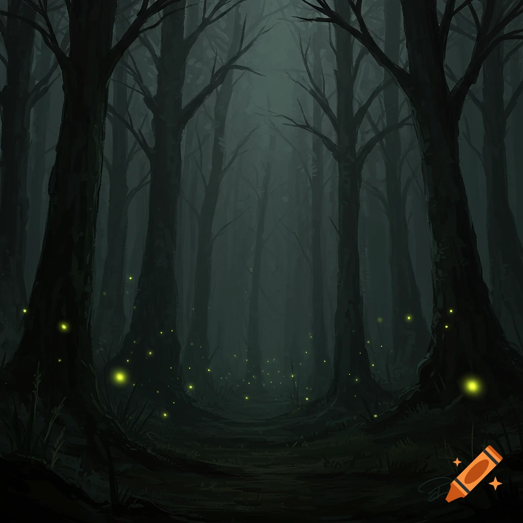 A dark, misty forest with glowing fireflies.