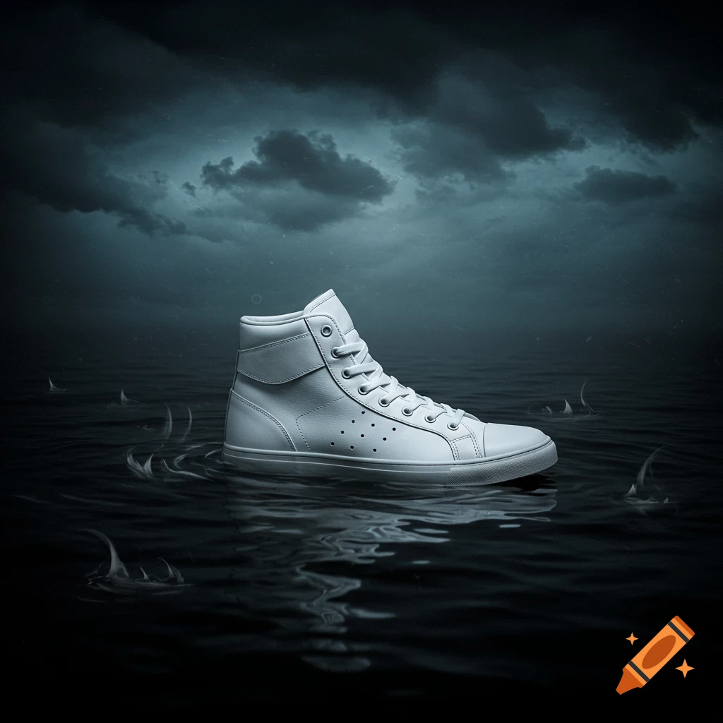 White high-top shoe on dark, wavy water with shark fins under stormy sky