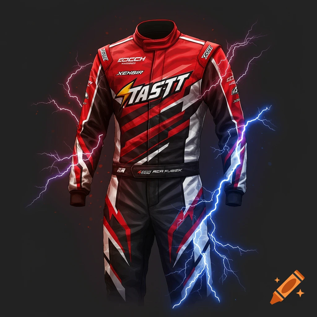 A red, black, and white racing suit with lightning bolts.