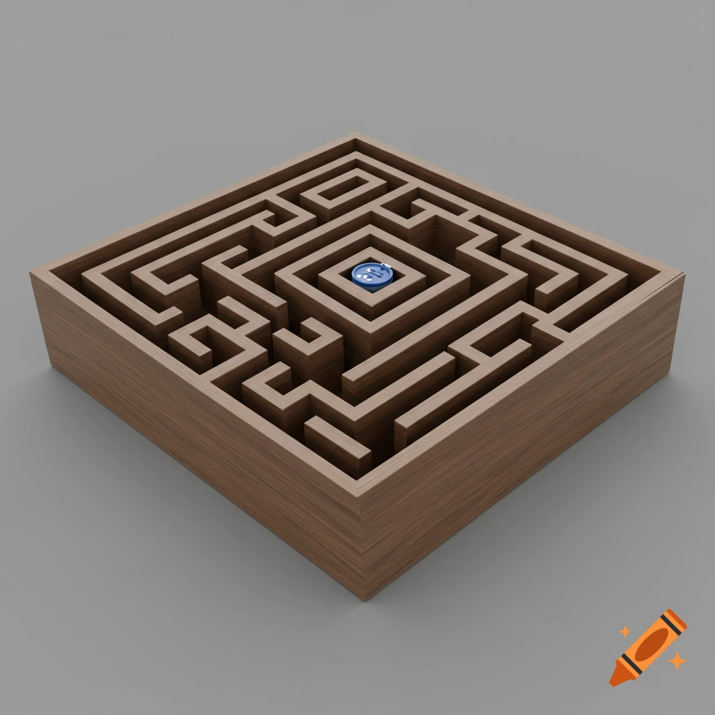 A realistic 3D render of a square wooden maze with a blue object in the center.