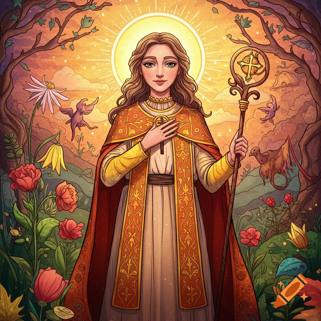 A woman with a halo and staff stands in a garden.
