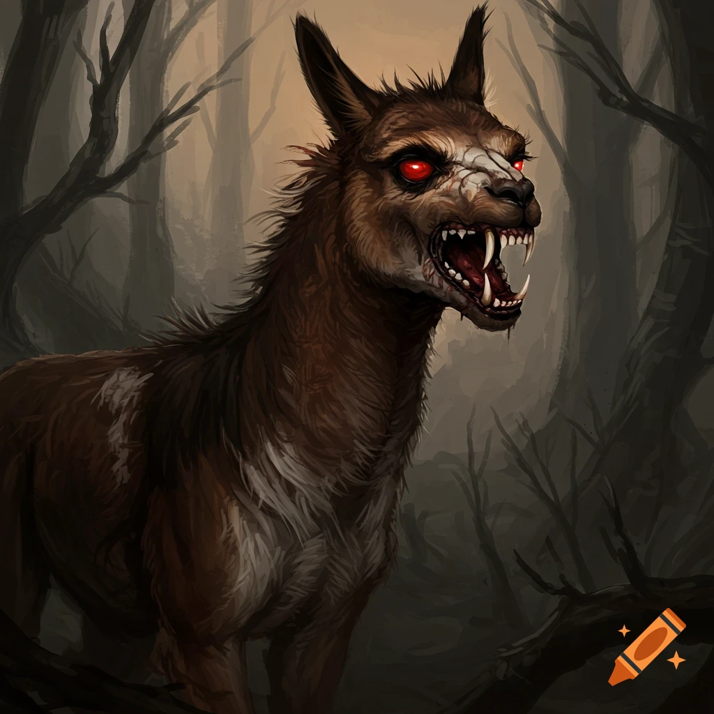 a scary creature with red eyes and fangs in a dark forest