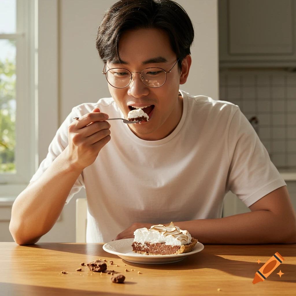 A person with glasses eats a slice of pie with a fork.