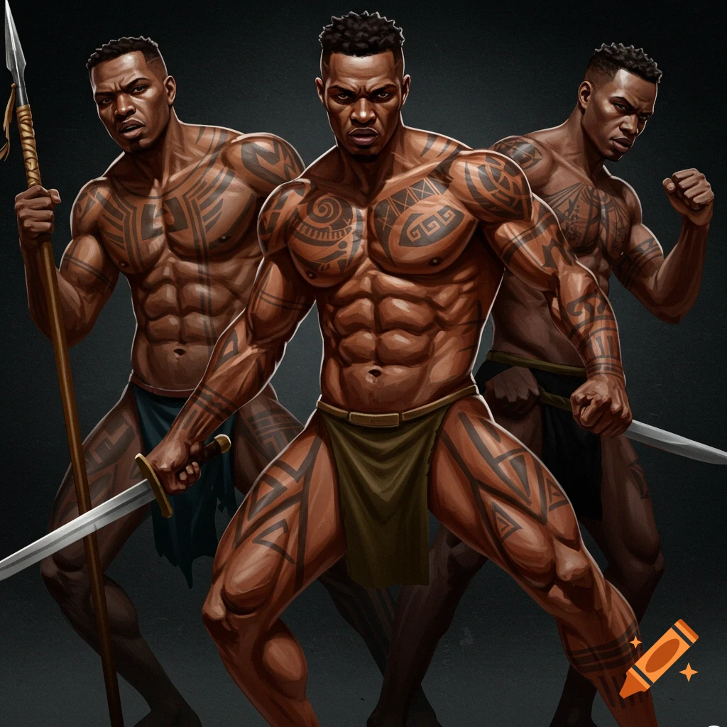 Three muscular Black men with tribal tattoos holding a spear and swords.