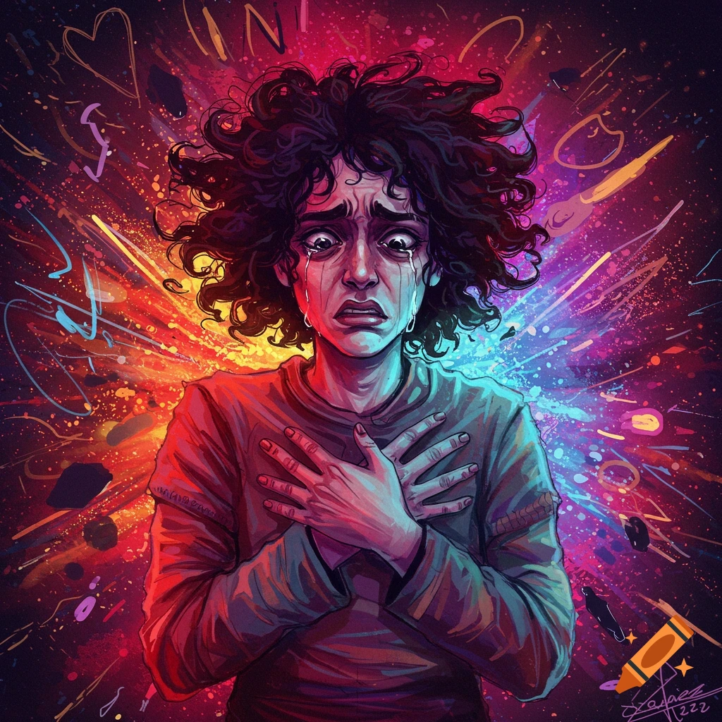 A distressed person crying with hands on their chest against a colorful, abstract background.
