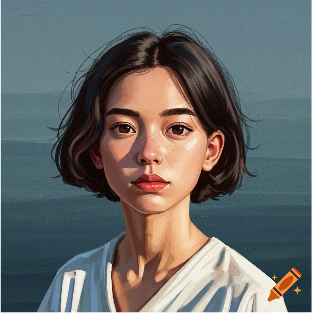 Portrait of a young woman with short dark hair and freckles against a blue background.