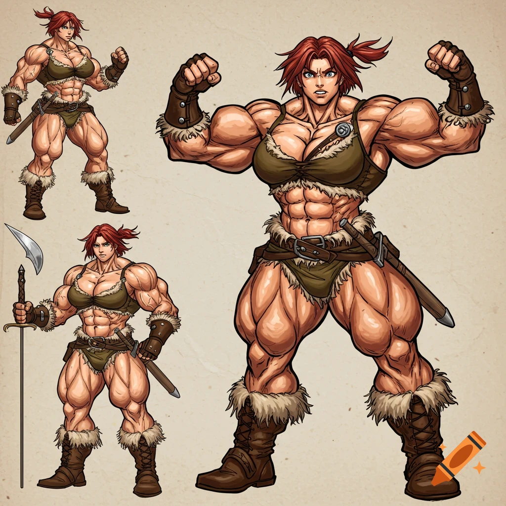 Character sheet of a muscular female barbarian with red hair, multiple poses, wearing furs and leather, holding a sword, illustrated style.