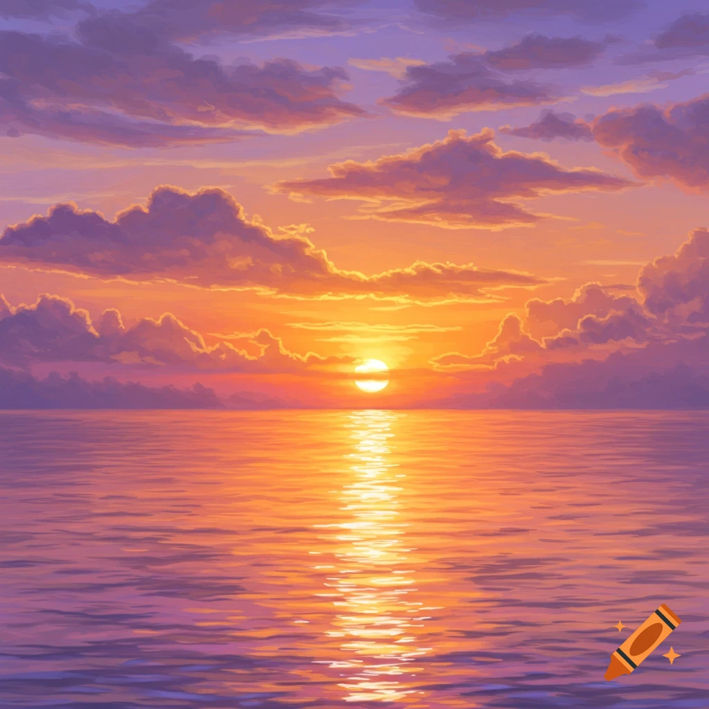 A vibrant sunset over the ocean with colorful clouds and sun reflecting on the water.