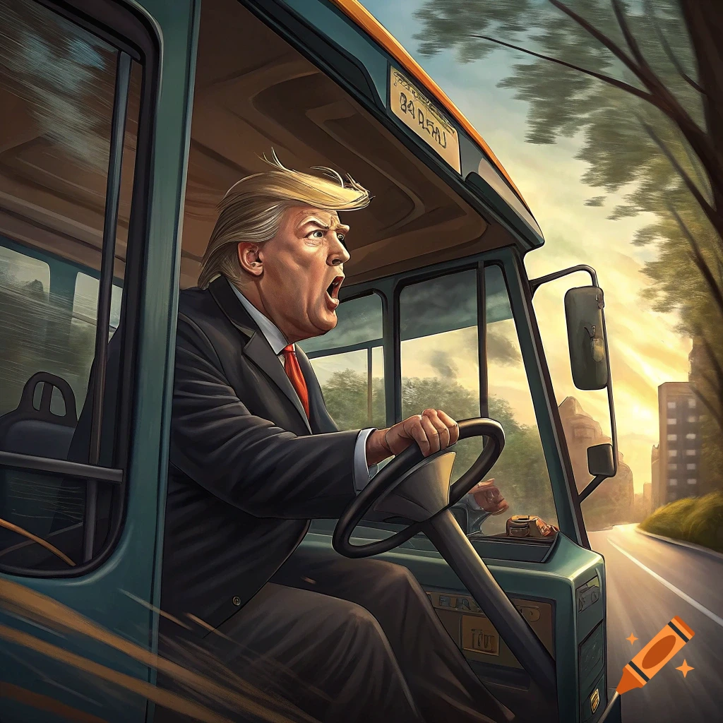 Stylized illustration of Donald Trump driving a bus with an excited expression