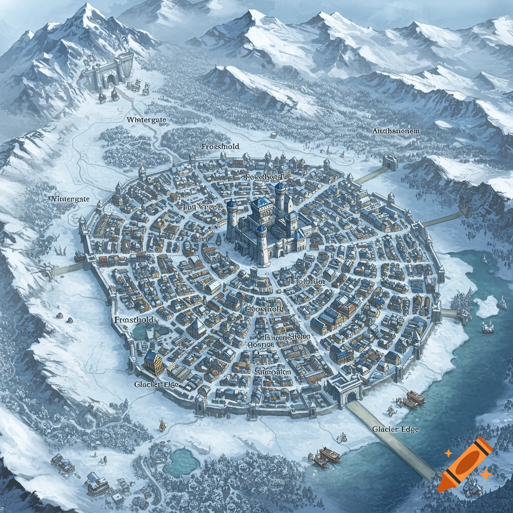Detailed illustrated bird's eye view map of a circular winter fantasy city surrounded by mountains and ice.