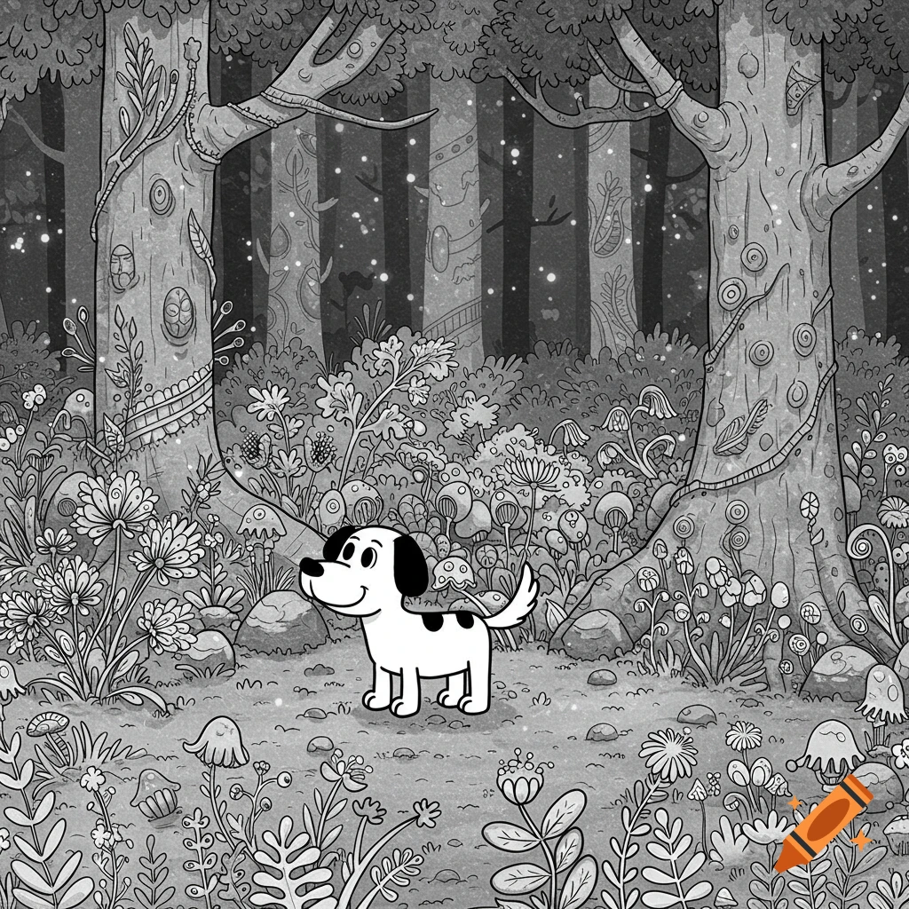 A cartoon black and white dog stands in a magical forest with glowing particles.