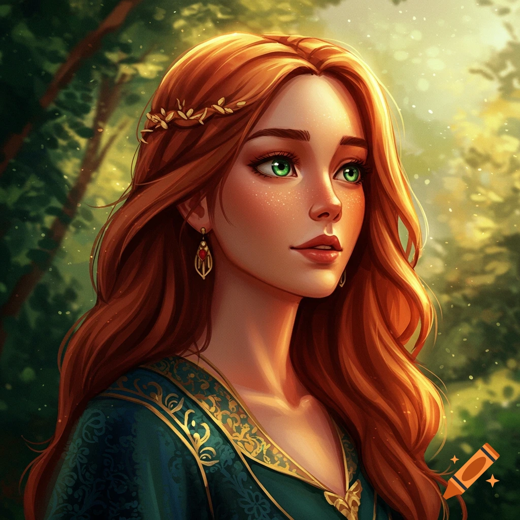 A fantasy woman with long red hair and green eyes is in a forest.