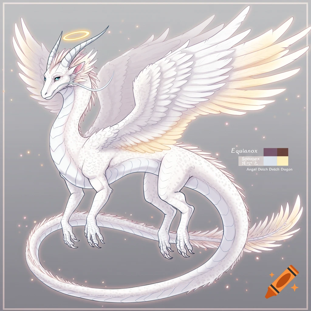 An illustration of a white dragon with large feathered wings and a halo.