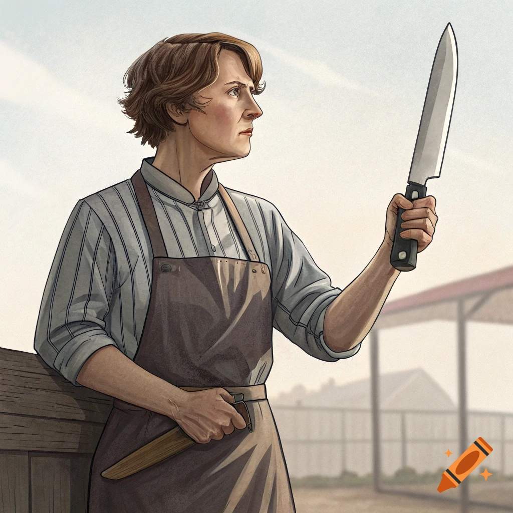 Illustration of a person wearing an apron and holding a large butcher knife.