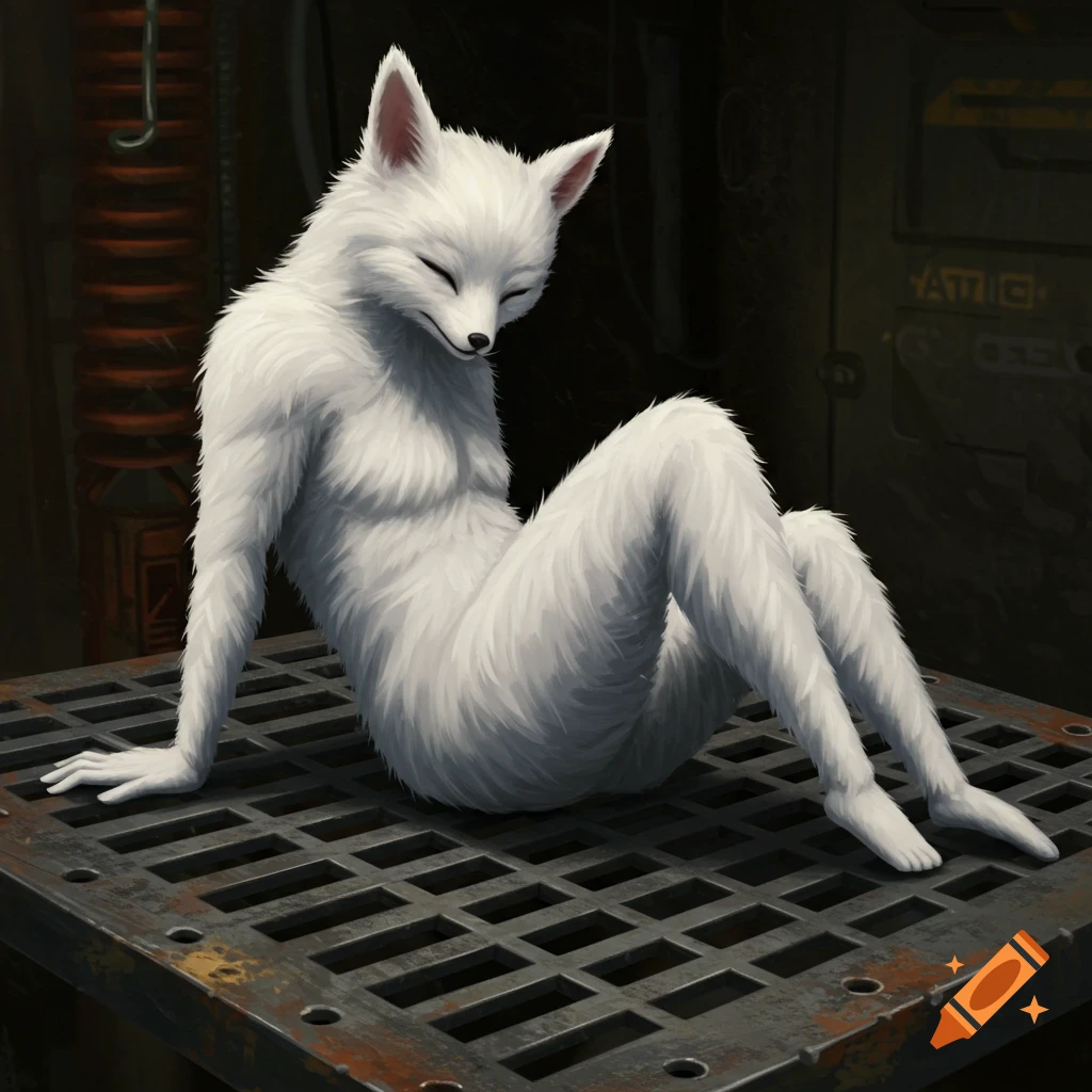 A white furry creature with fox ears sits on a metal grate in a dark industrial setting. Digital art.