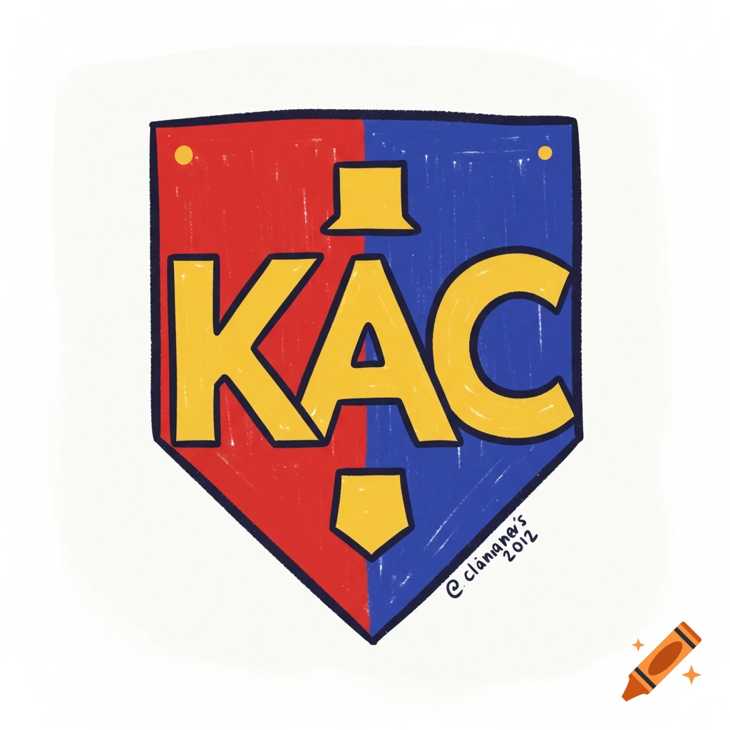 A red and blue shield logo with yellow letters KAC and a soccer ball shape, drawn in a childish style.
