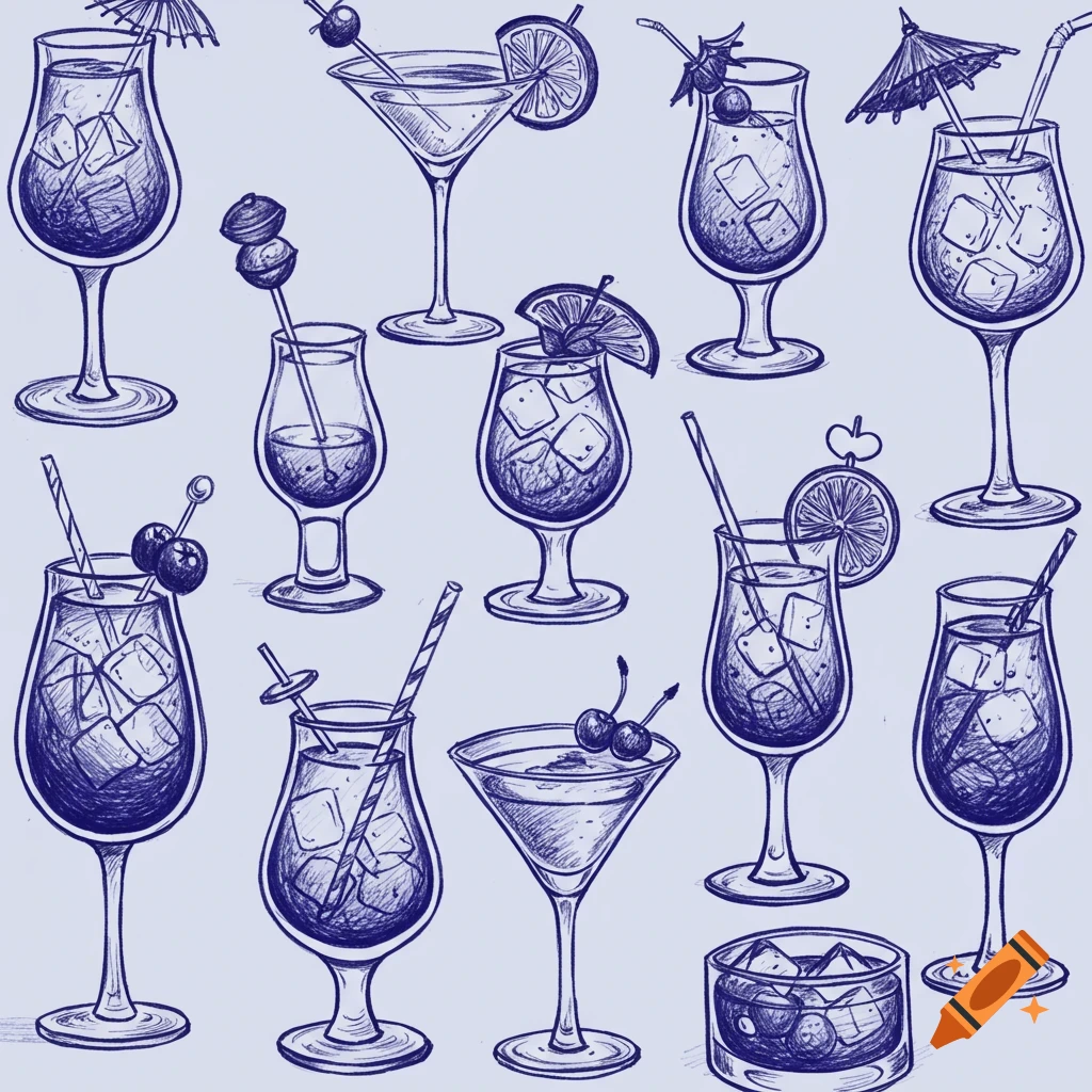 Sketch illustration of various cocktails in different glasses.