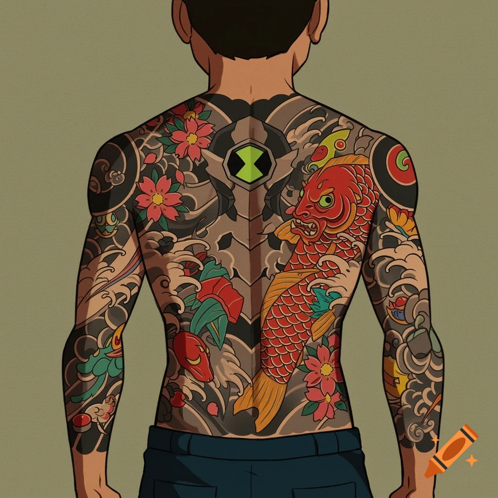 A person's back is shown, adorned with a large Japanese-style tattoo. The tattoo depicts a koi fish, blooming flowers, crashing waves, and an Omnitrix symbol.
