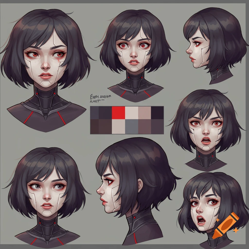 Anime character reference sheet with multiple head views, featuring short dark hair, red eyes, and cybernetic facial implants in 2D art style.