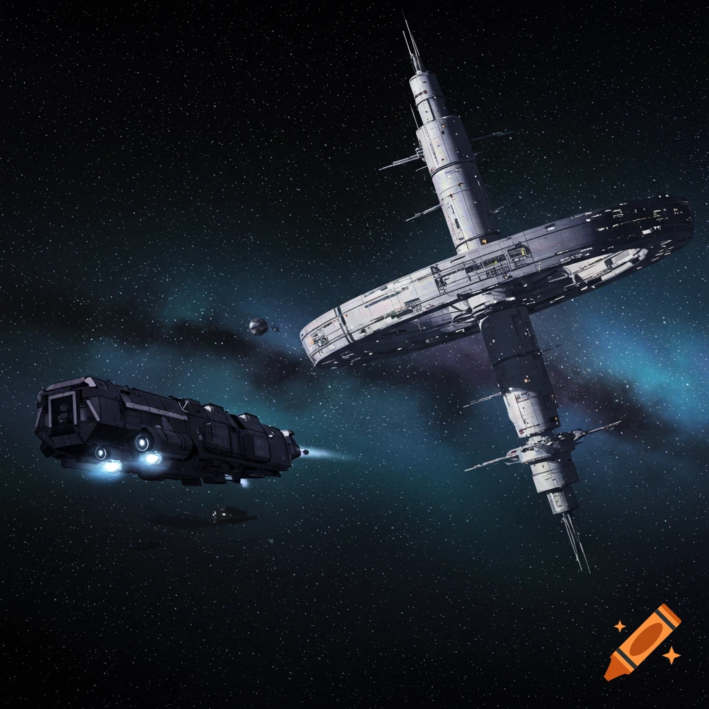 A rectangular cargo spaceship approaches a torus shaped space station in deep space.