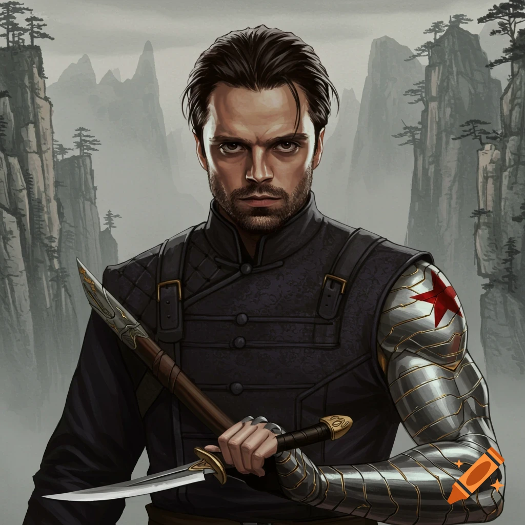 A man with a metallic arm and a sword stands in a mountainous landscape.