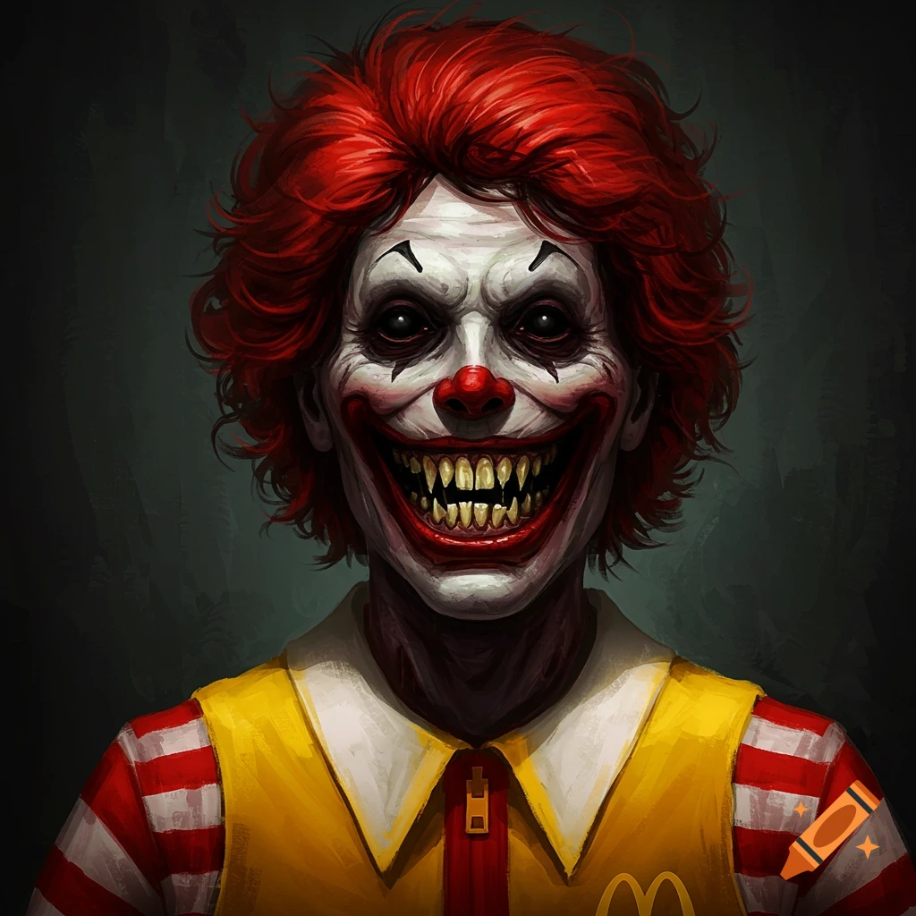 A portrait of a creepy clown with red hair and scary teeth, wearing a red and yellow outfit.