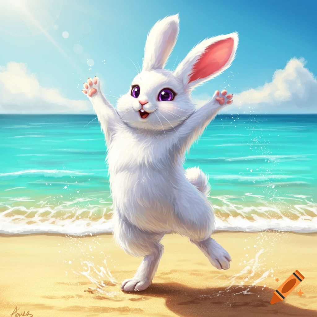 Cartoon bunny dancing on a beach
