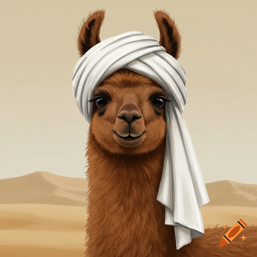 A llama wearing a white turban in a desert.
