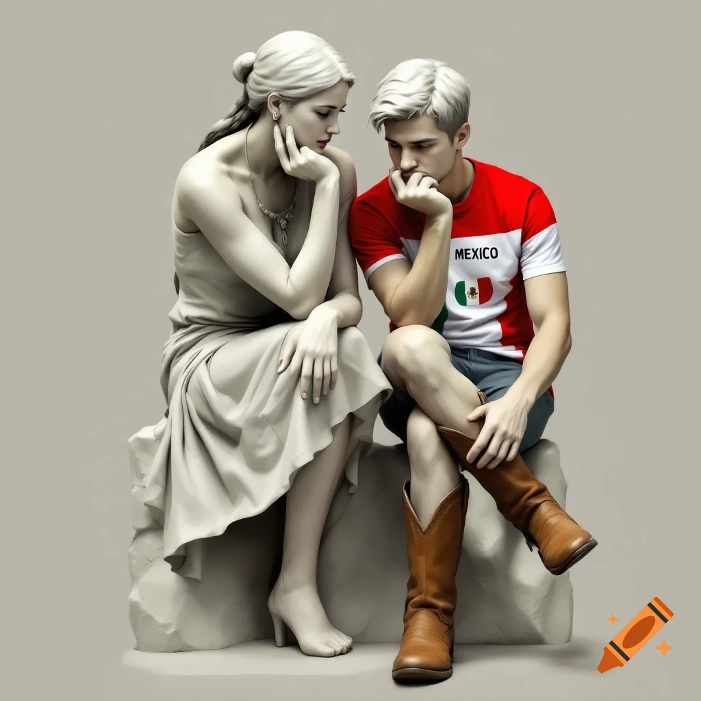 Two seated figures are depicted, one appears to be a sculpture and the other is wearing a Mexico shirt and boots. Both figures appear to be deep in thought.