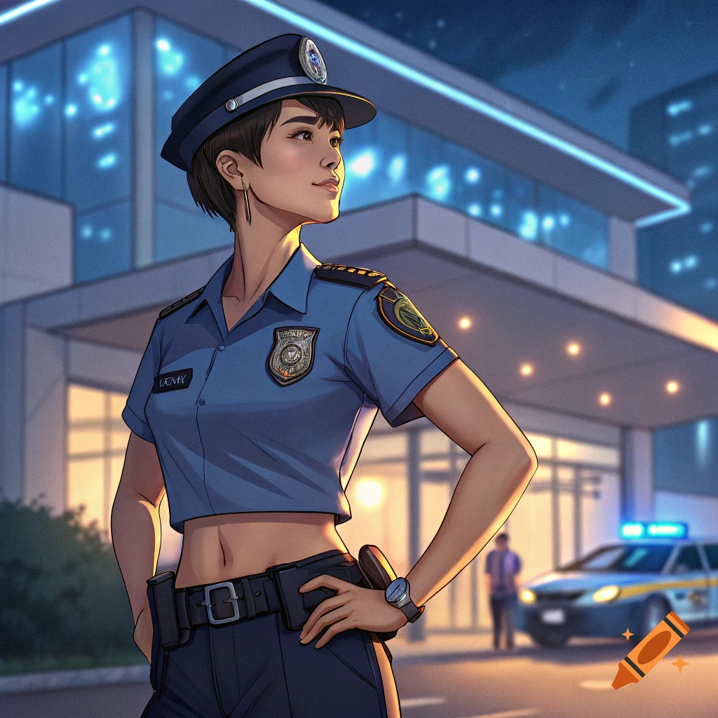 Illustration of a female police officer in a crop top uniform standing outside a police station with a patrol car.