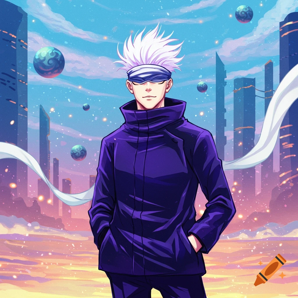 Anime character Gojo Satoru in a futuristic city landscape
