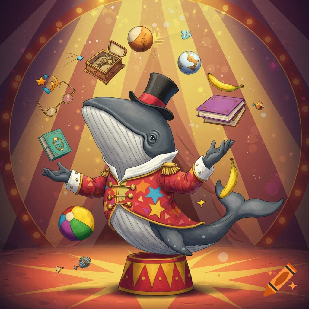 Digital illustration of a cartoon whale in a ringmaster costume juggling items in a circus tent.