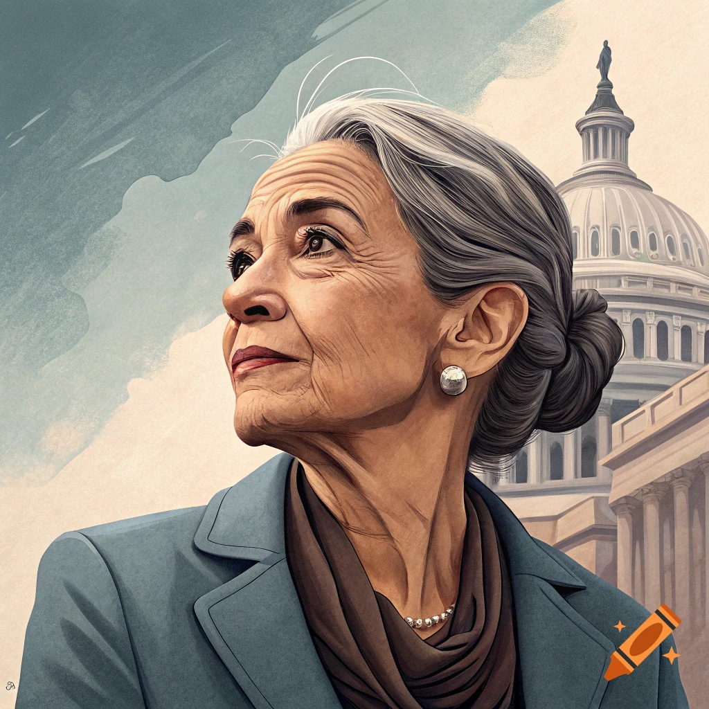 Portrait of an older woman with gray hair looking up, US Capitol behind her, illustration style