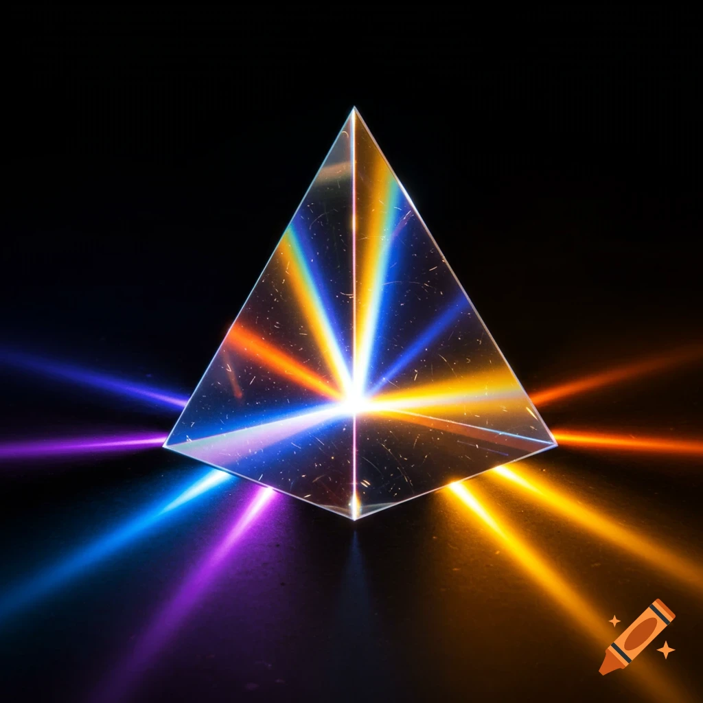 A glass prism refracting light into multiple colorful beams against a dark background.