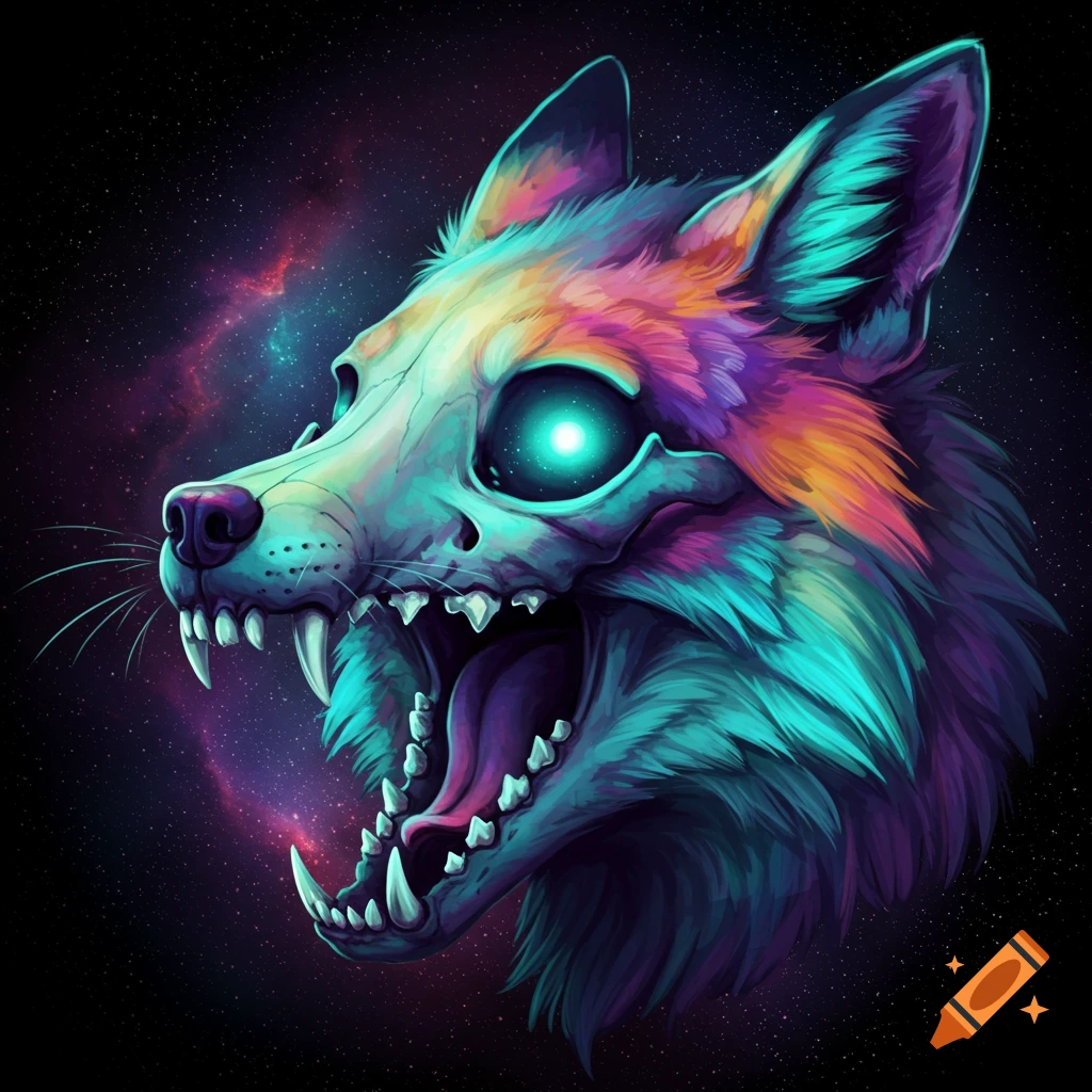 A screaming fox skull is shown against a starry galaxy background.