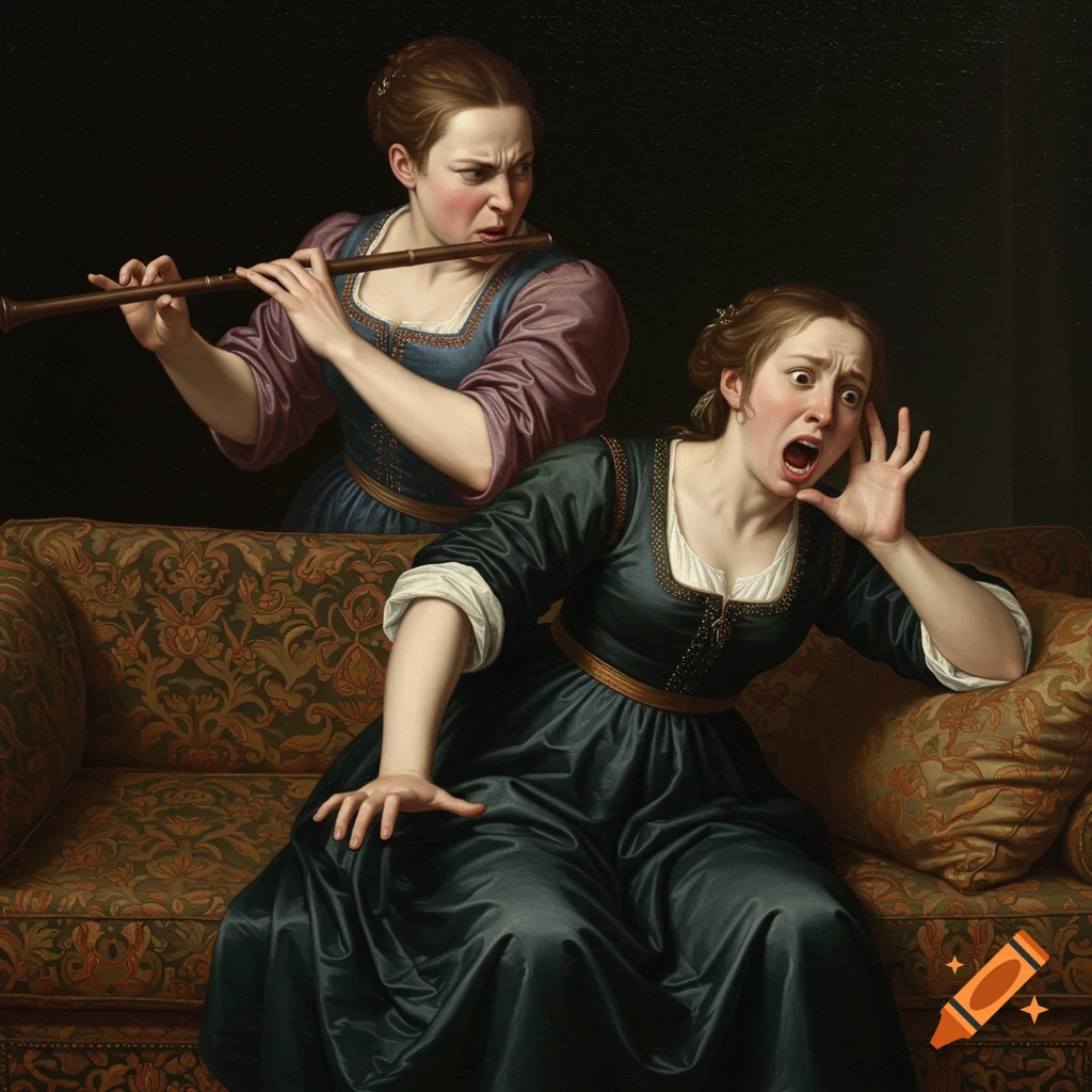 A renaissance-style painting of one woman playing a flute aggressively at another woman who reacts with horror while sitting on a couch.