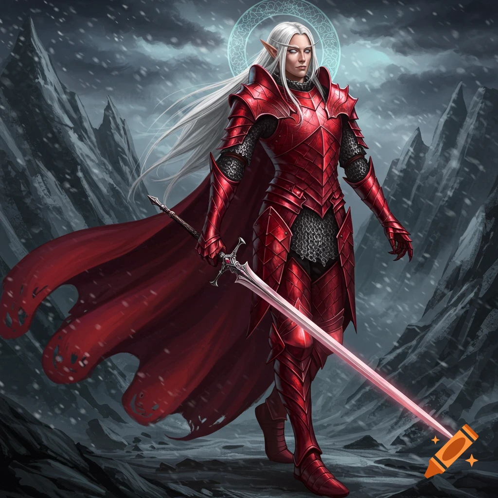 An elven warrior in crimson armor holding a sword in a snowy mountain landscape.