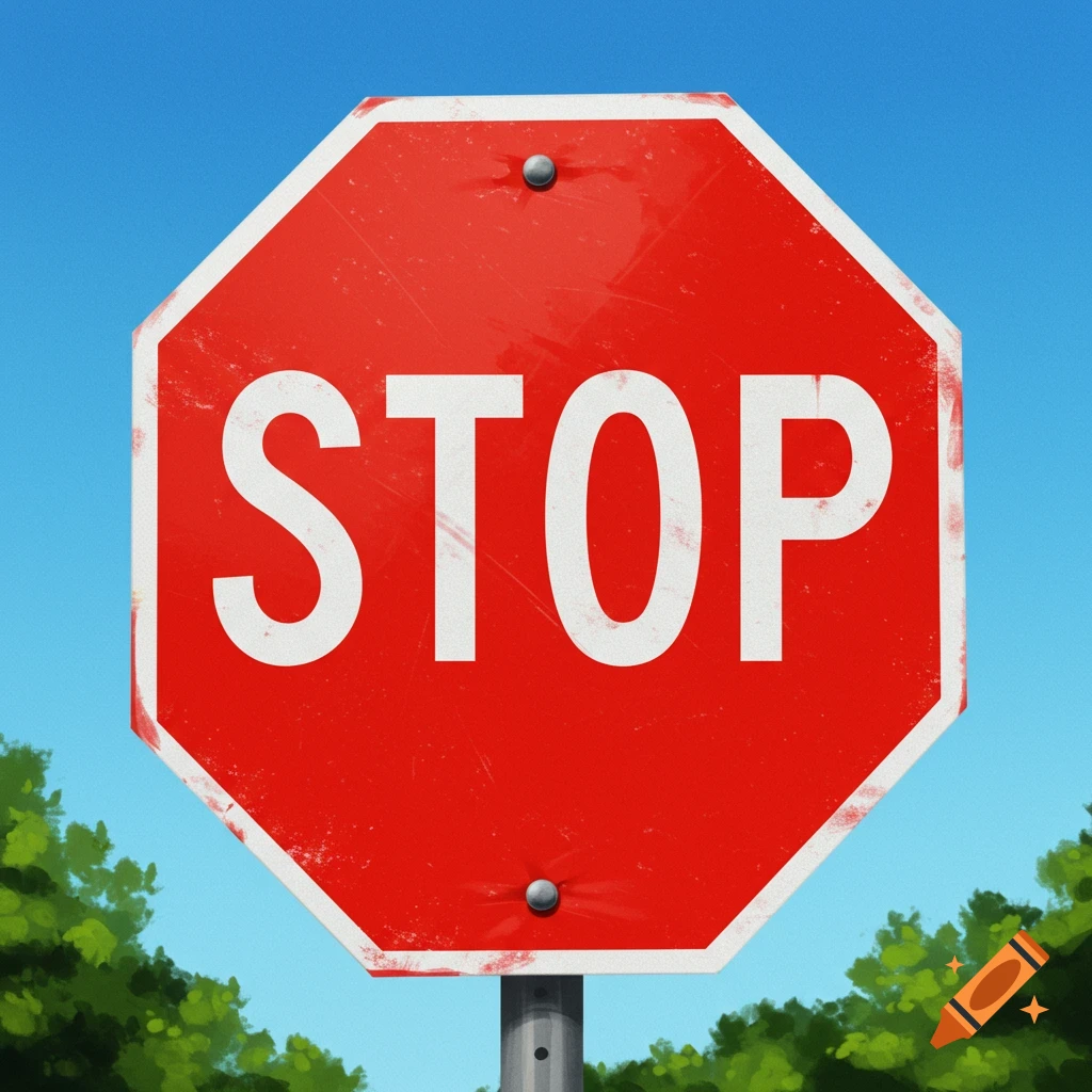 A red stop sign is centered in the image. Behind it is a blue sky and trees.