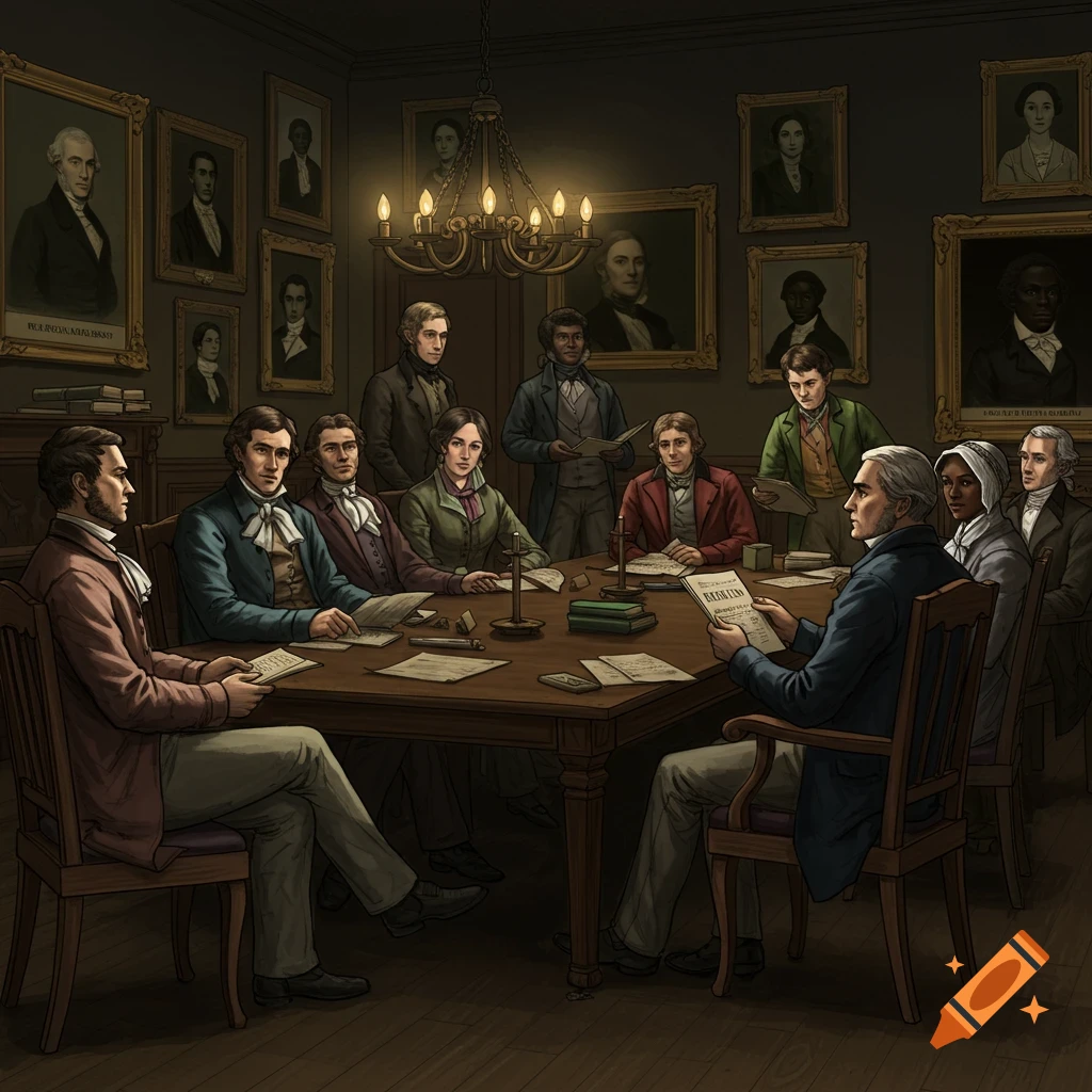 A group of people in historical clothing meet around a table in a room with portraits.