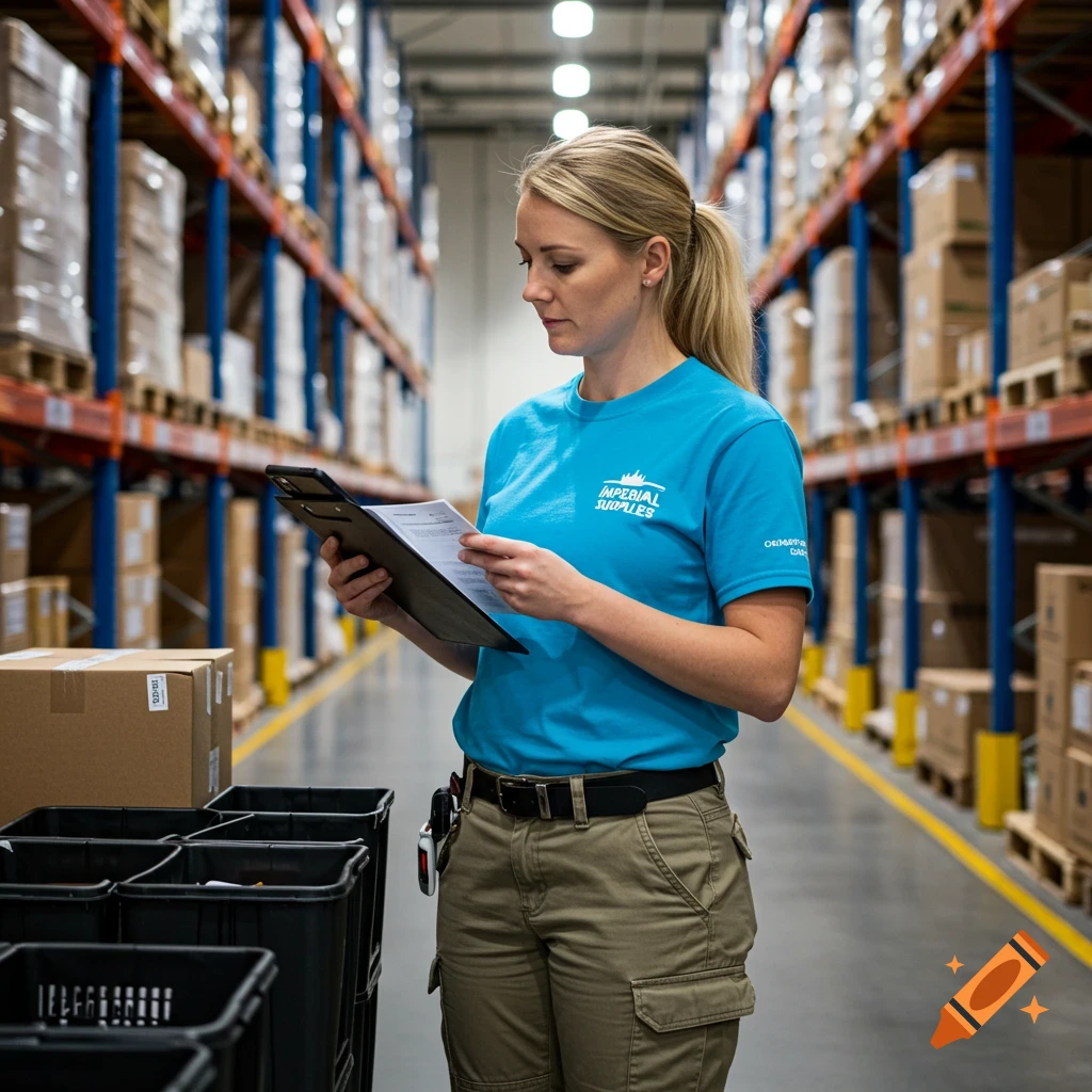 A blonde woman in a blue t-shirt reads a clipboard in a warehouse aisle filled with boxes.