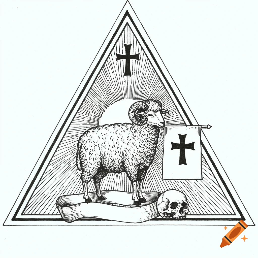 Black and white sketch of a lamb on a banner above a skull inside a triangle with crosses and radiating lines.