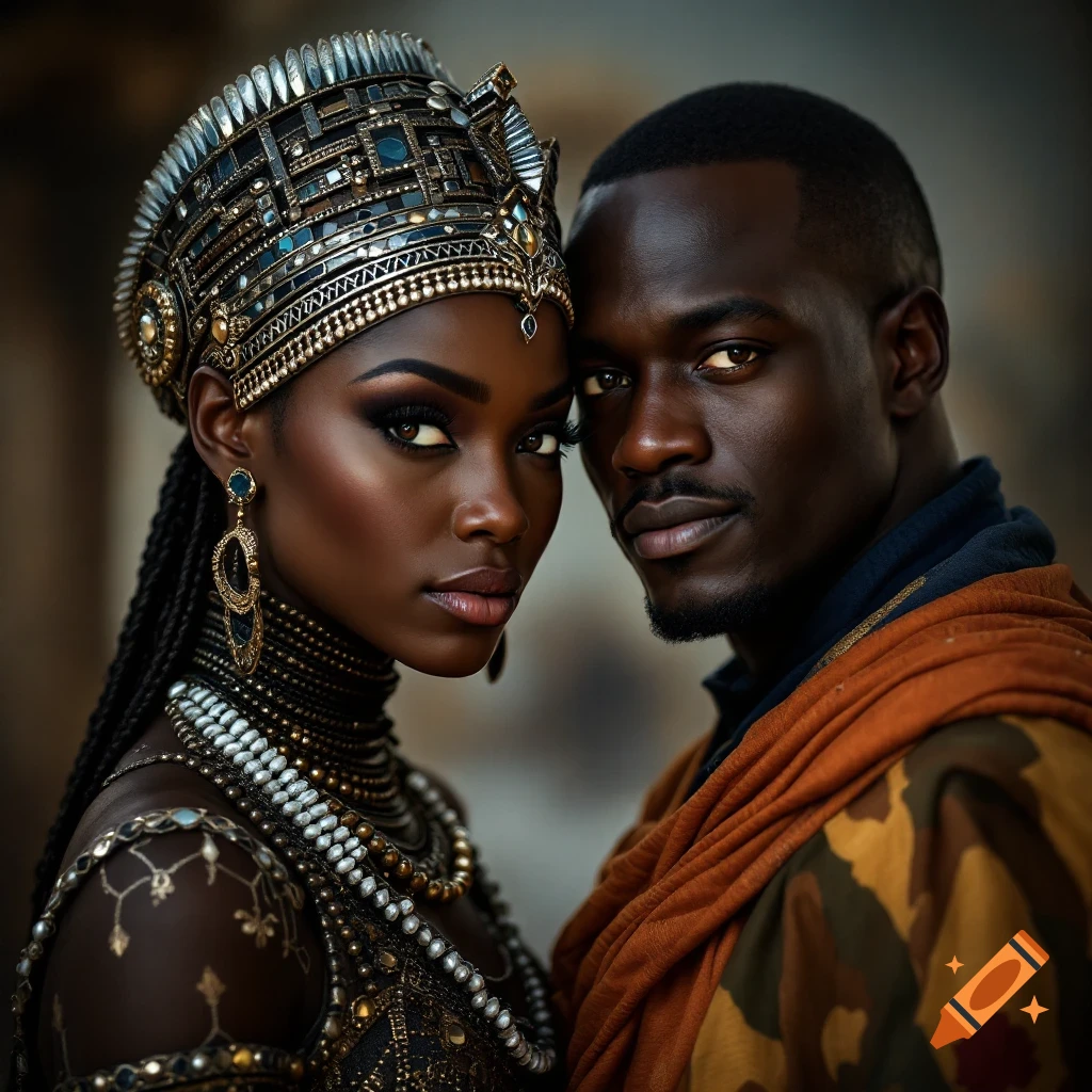 Close-up photorealistic portrait of a man and woman in elaborate historical attire and jewelry
