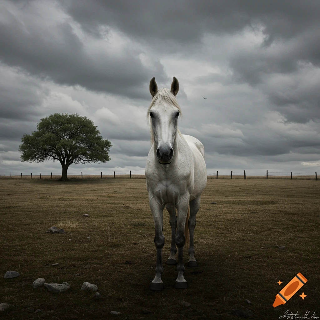 A white horse stands in a grassy field with a tree and cloudy sky, in a naturalistic style.