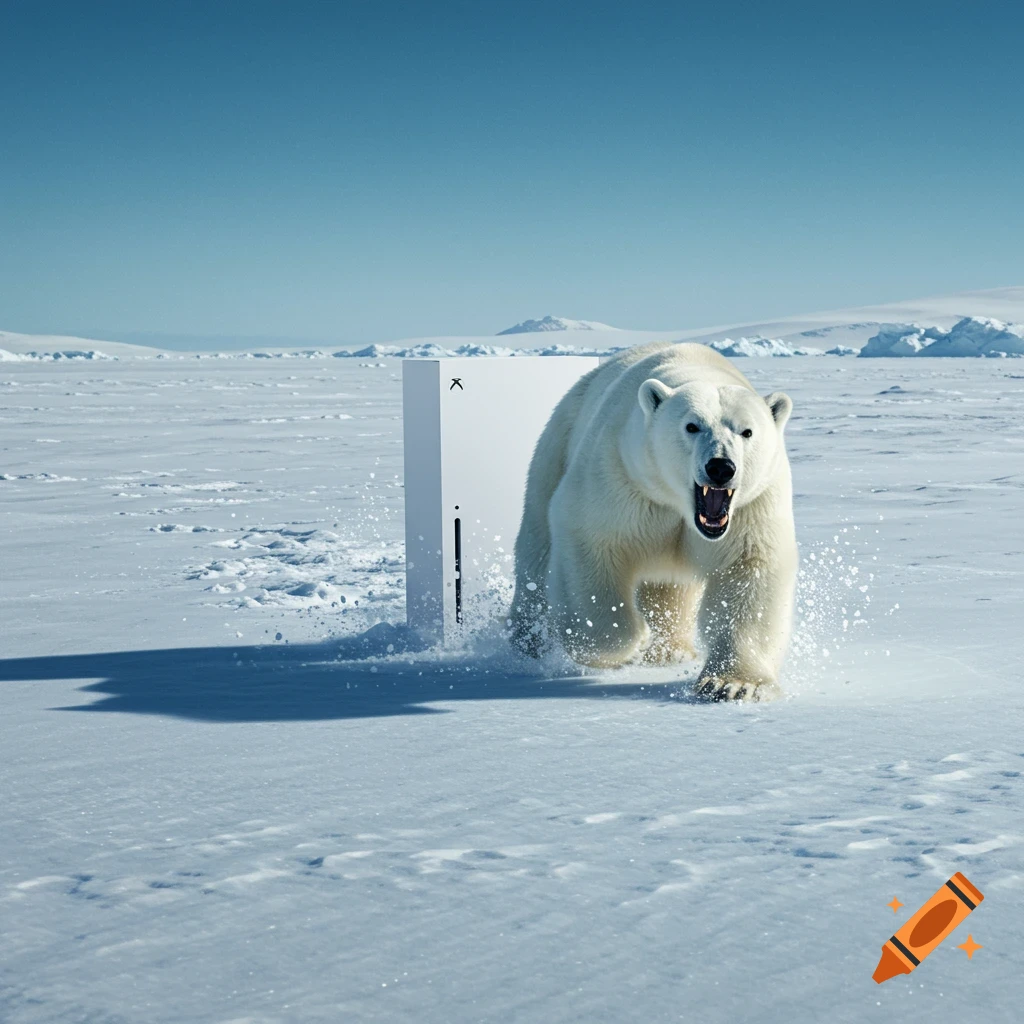 A polar bear chases an Xbox Series X across a snowy arctic landscape.
