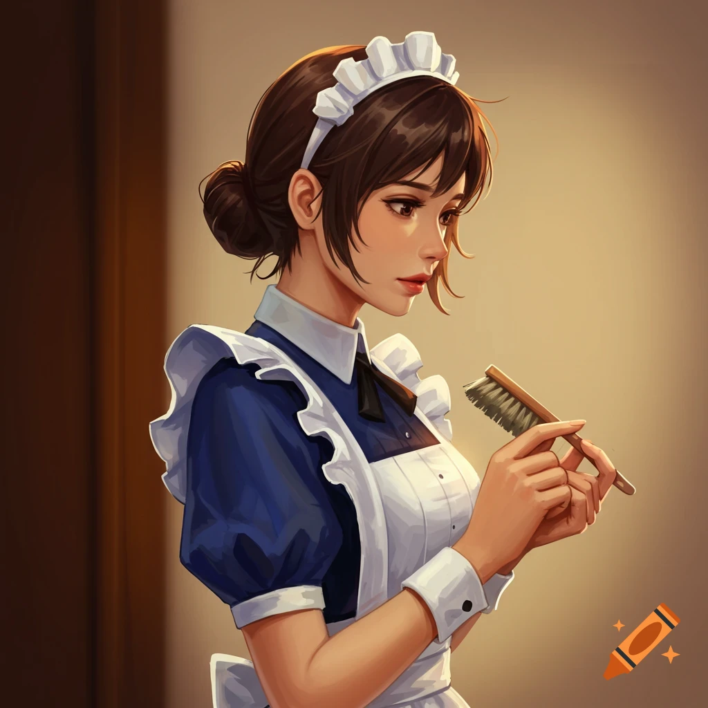 A maid in a blue and white dress holding a brush.