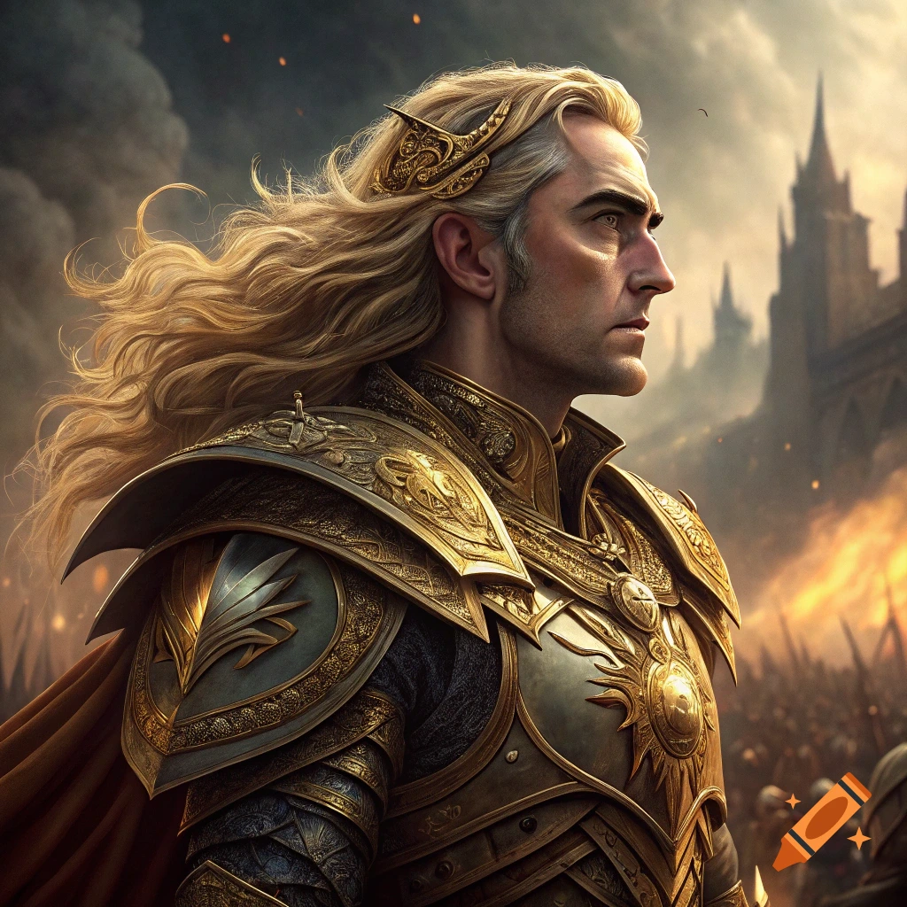 Portrait of a man with long blonde hair in ornate gold armor, looking right, with a castle and smoke background.