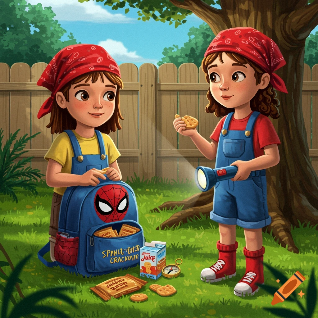 Illustration of two girls with a Spiderman backpack, snacks, and a flashlight in a backyard.
