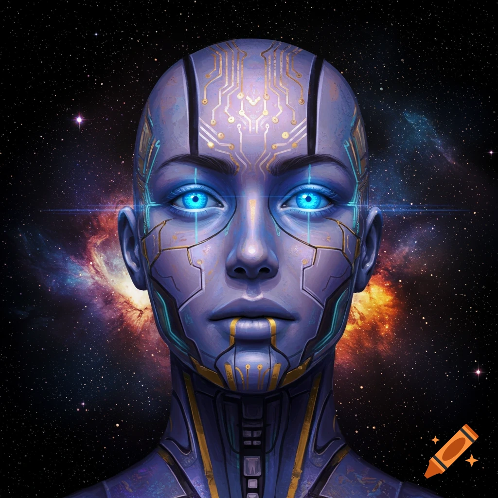 A cyborg face with glowing blue eyes against a starry space and nebula background.