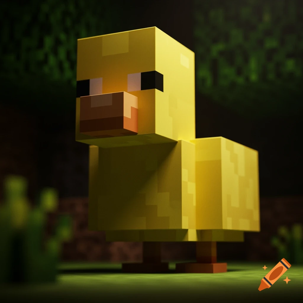 A close-up 3D render of a blocky yellow chicken from Minecraft.